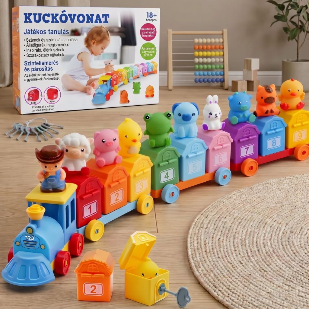 Kuckóvonat – 20 darabos Montessori állatos zárós-kulcsos fajáték kisgyermekeknek