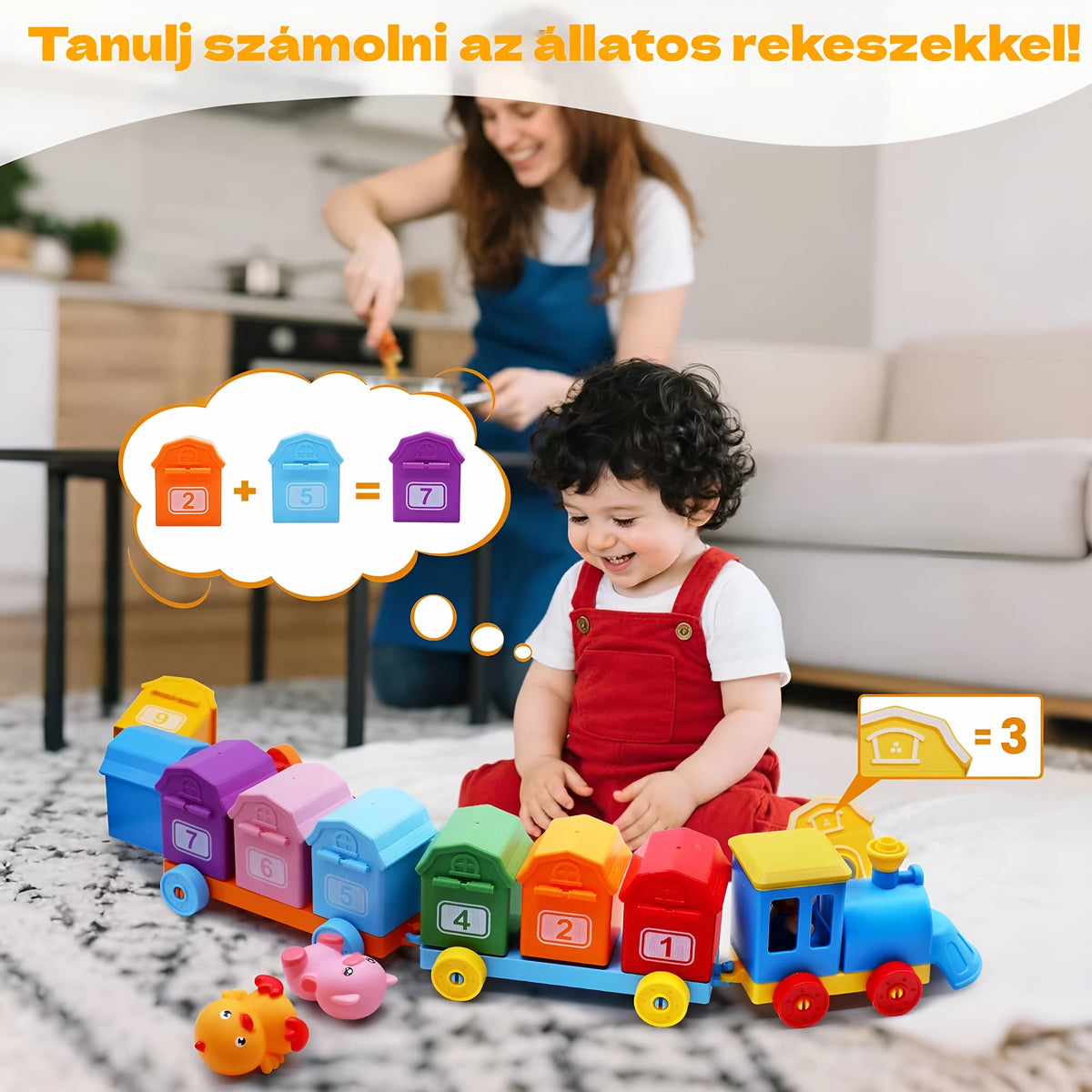 Kuckóvonat játékvonat kisgyermekkel, színes vagonok és állatfigurák
